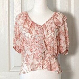 LUCY PARIS Women's Short Sleeve Top Blouse Size S Pink White Print